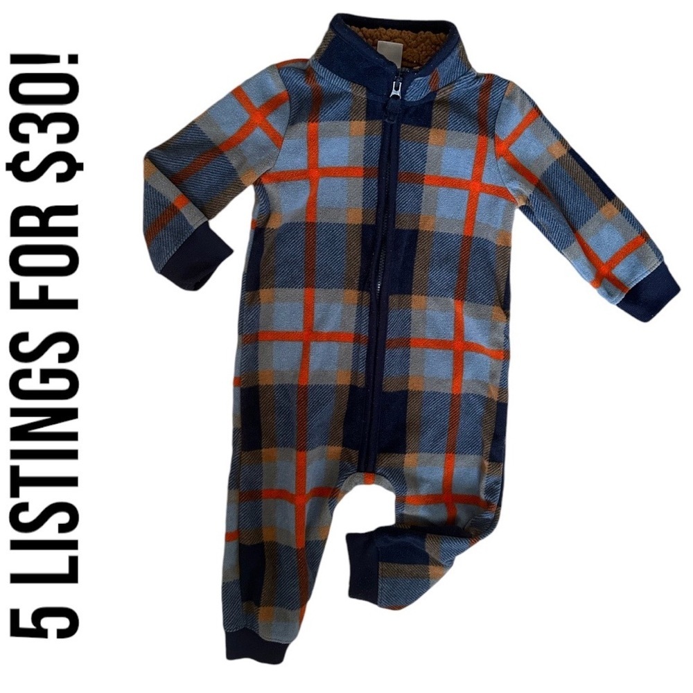 Carter's 9m baby Infant Boys' Navy Plaid Long Sleeve One Piece jumpsuit fleece